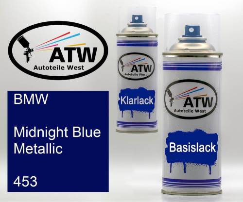 BMW, Midnight Blue Metallic, 453: 400ml Sprühdose + 400ml Klarlack - Set, von ATW Autoteile West.